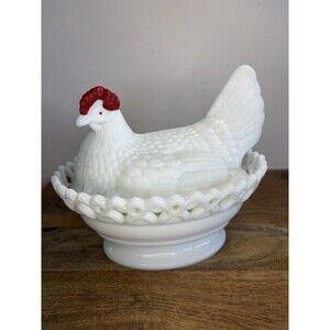 Vintage Westmoreland Large Milk Glass Lattice Hen On Nest White Red Rare